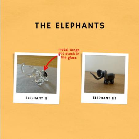 A graphic with photos of two glass elephants. The first one has a darker coloration around the back side, with text describing, "metal tongs got stuck in the glass." Elephant 3 is all darker colored.